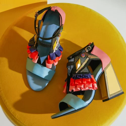 Rhinestone Bird Ruffles Comfortable Chunky Heel Sandals